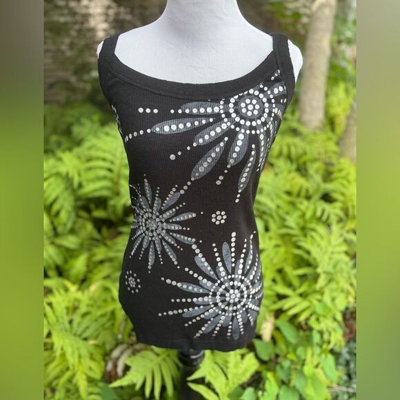 FANG Black Tank Top with Silver Floral Design - Picture 1 of 5